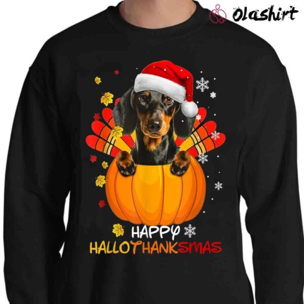 Dachshund Dog Santa Hat Pumpkin Hallothanksmas Shirt Halloween Merry Christmas Shirt Sweater Shirt