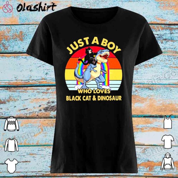 Just A Boy Who Loves Black Cat And Dinosaur Vintage Shirt