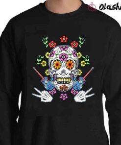 Floral Guitar Sugar Skull Muertos Day Of Dead Sweater Shirt
