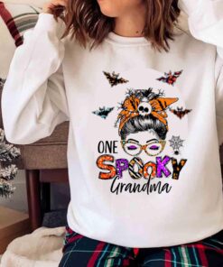 One Spooky Grandma Halloween Messy Bun Mom Monster Bleached Shirt Sweater shirt