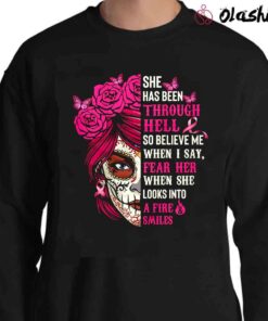 Personalized Skull Girl Breast Cancer She Has Been Through Hell T Shirt Sweater Shirt